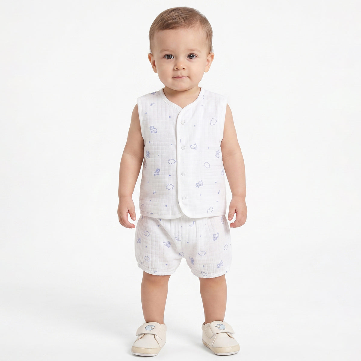 Baby Boys White Printed Front Open Sleeveless Vest Pack of 2 Regular Fit