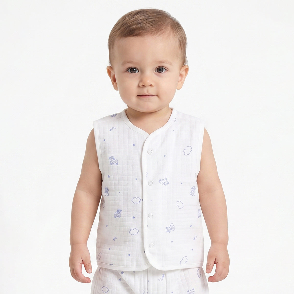 Baby Boys White Printed Front Open Sleeveless Vest Pack of 2 Regular Fit