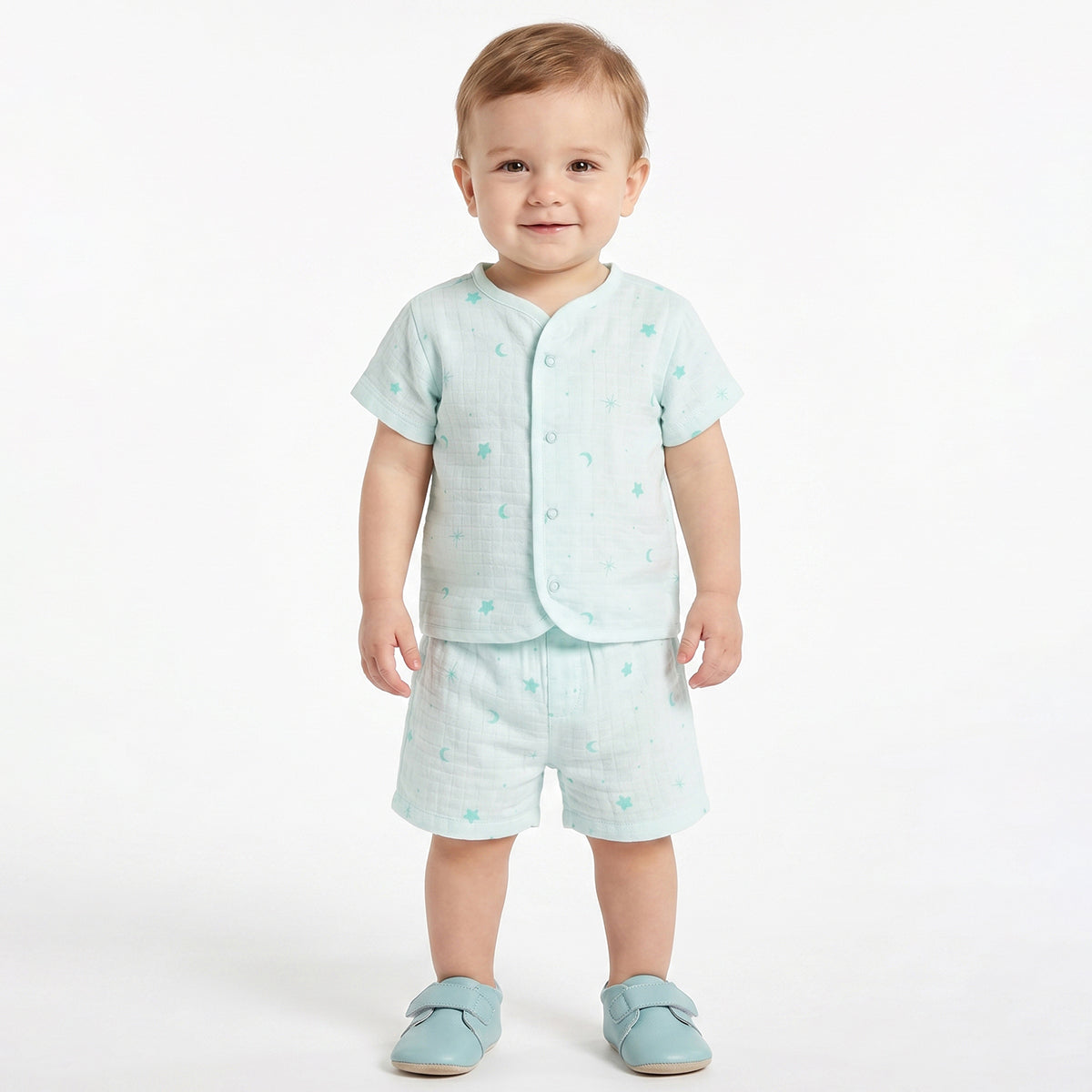 Baby Boys Beige & Aqua Printed Front Open Half Sleeve Vest Pack of 2 Regular Fit