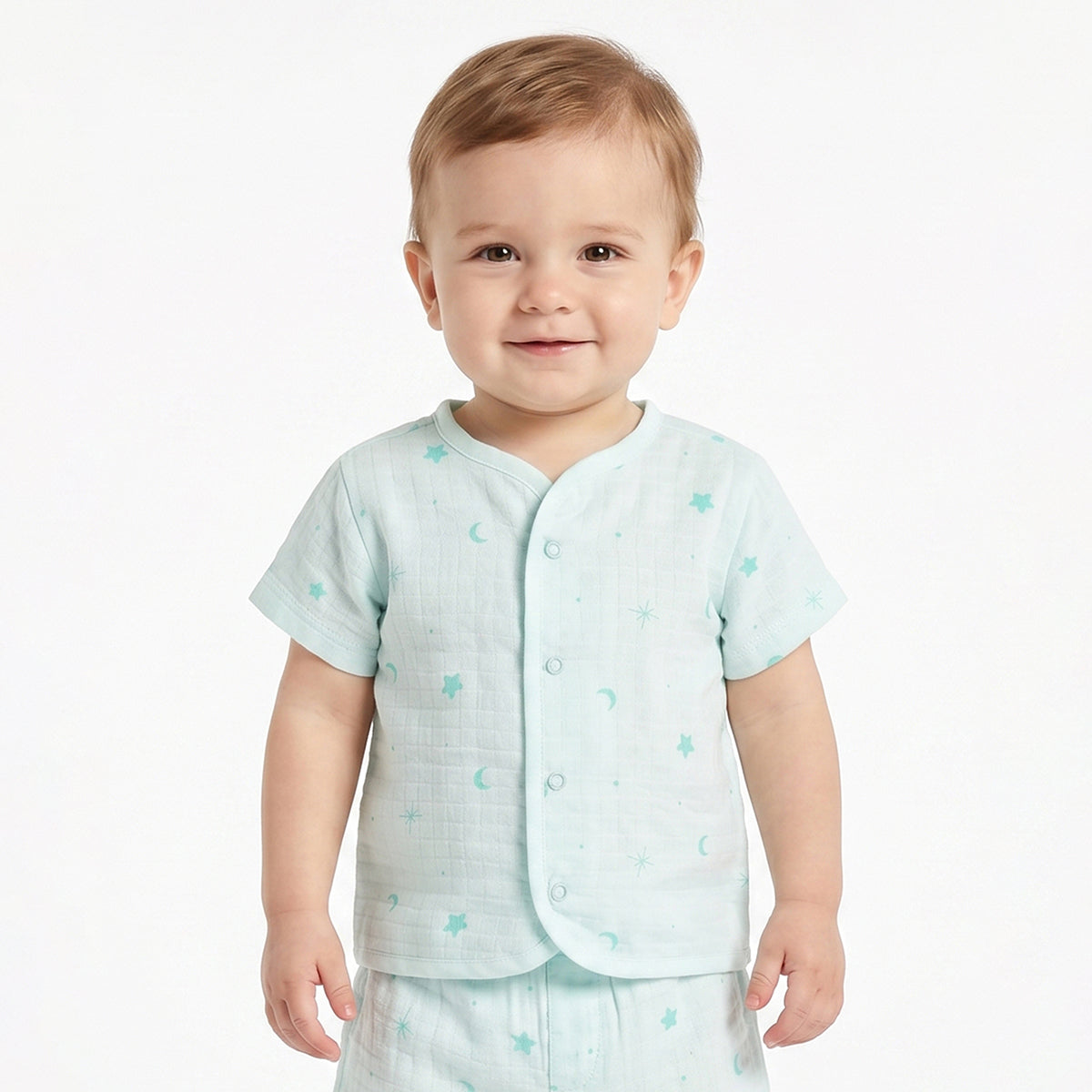 Baby Boys Beige & Aqua Printed Front Open Half Sleeve Vest Pack of 2 Regular Fit