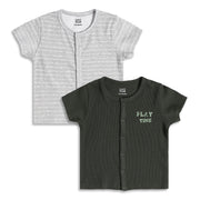 Baby Boys Printed And Ribbed Front Open Vests Pack of 2, Grey And Green