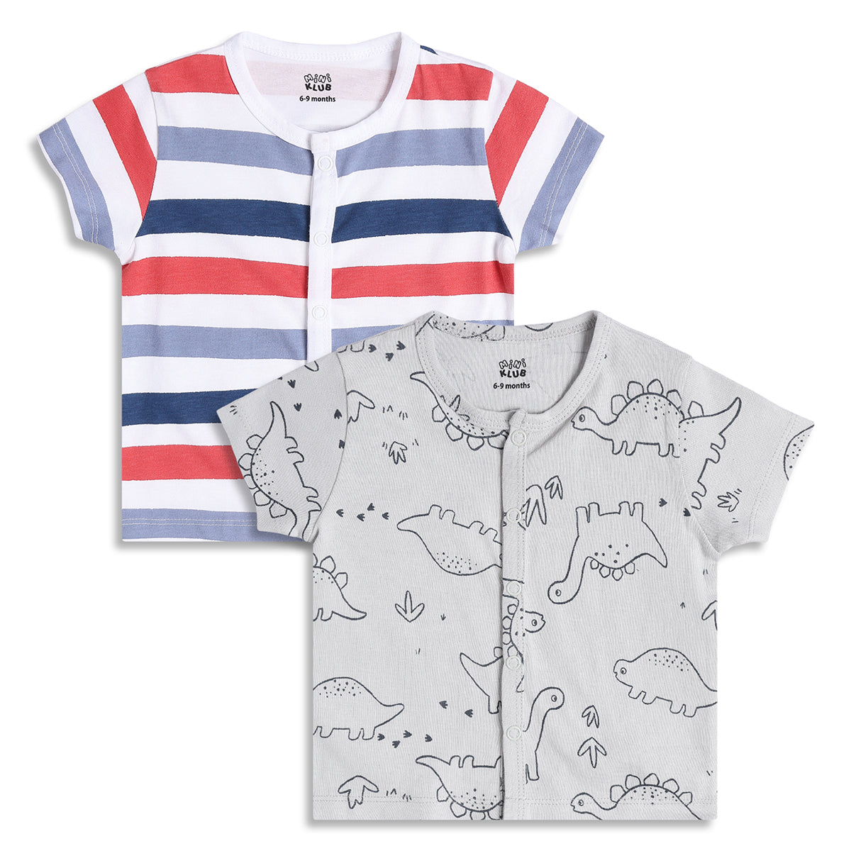 Baby Boys Striped And Dinosaur Print Front Open Vests Pack of 2, Red, Blue And Grey