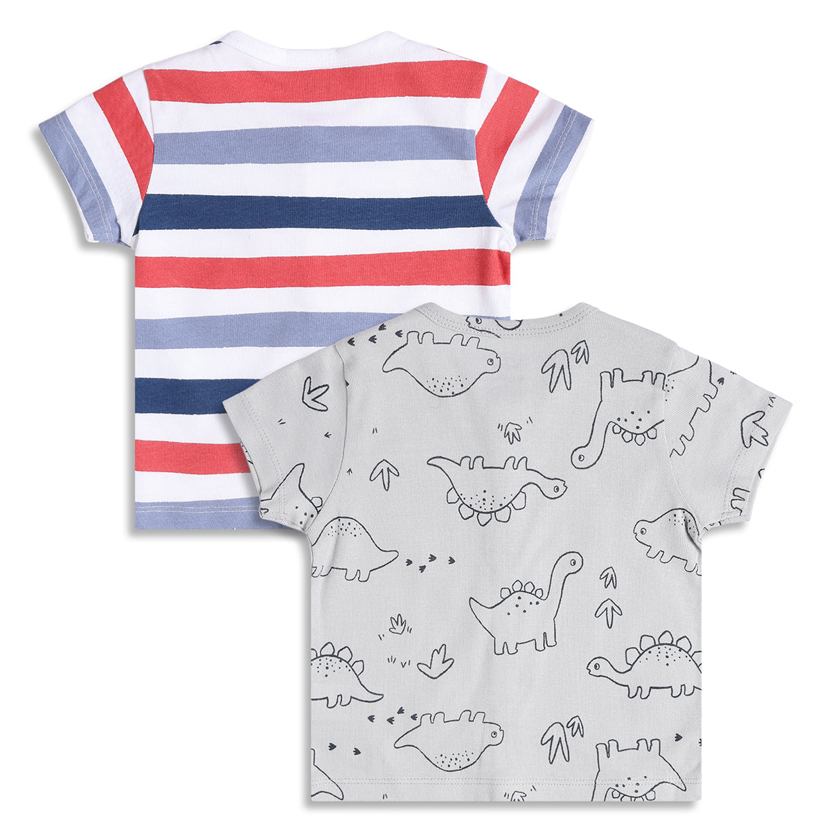 Baby Boys Striped And Dinosaur Print Front Open Vests Pack of 2, Red, Blue And Grey