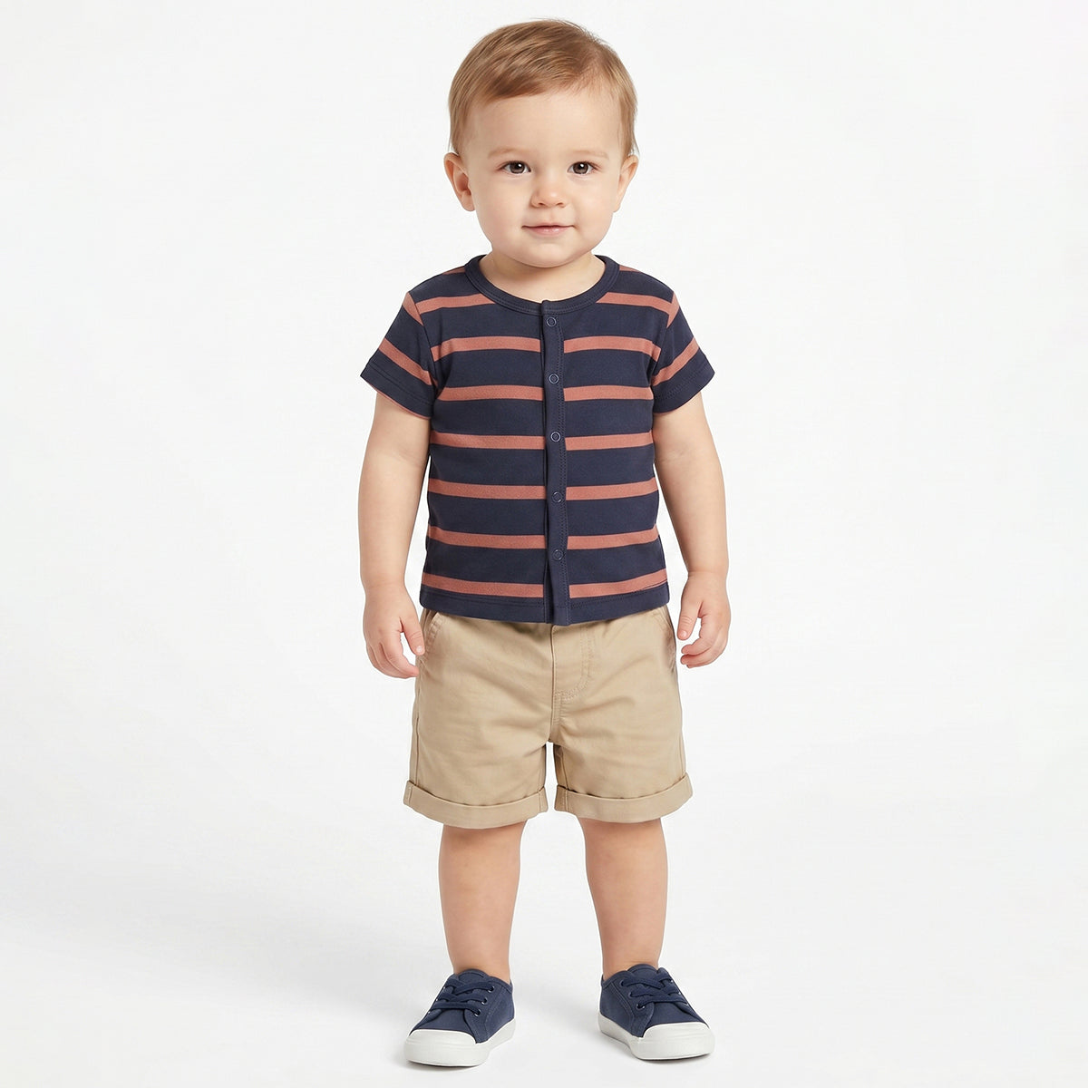 Baby Boys Beige and Navy Blue Cotton Front Open T-Shirts Pack of 2 Regular Fit Casual Kids Tees