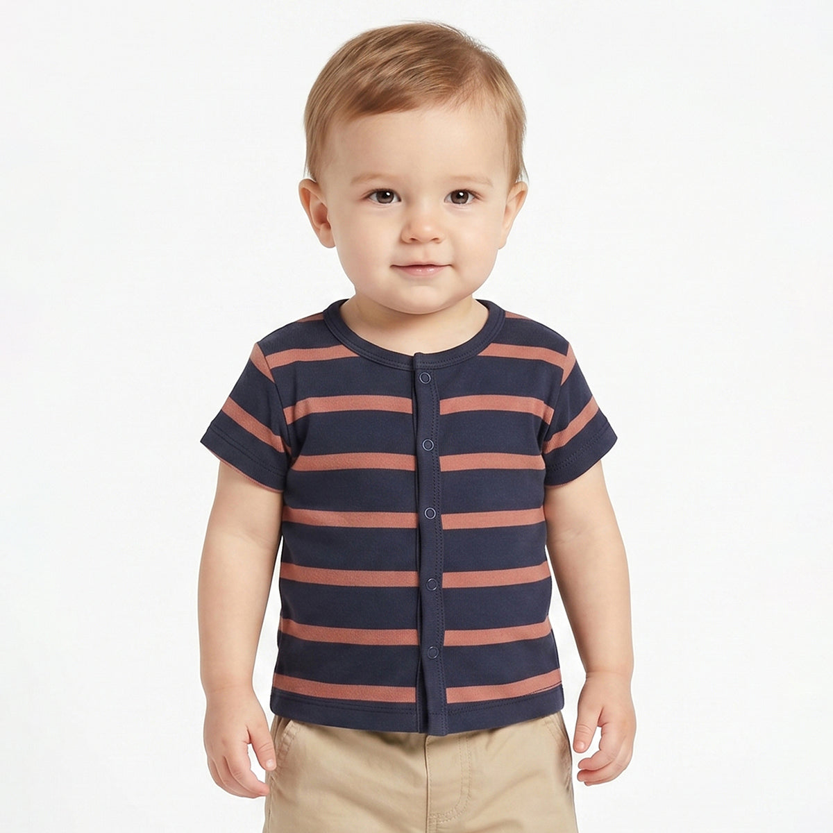 Baby Boys Beige and Navy Blue Cotton Front Open T-Shirts Pack of 2 Regular Fit Casual Kids Tees