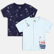 Baby Boys Nautical Print Front Open Vests Pack of 2,  Navy Blue and Light Blue