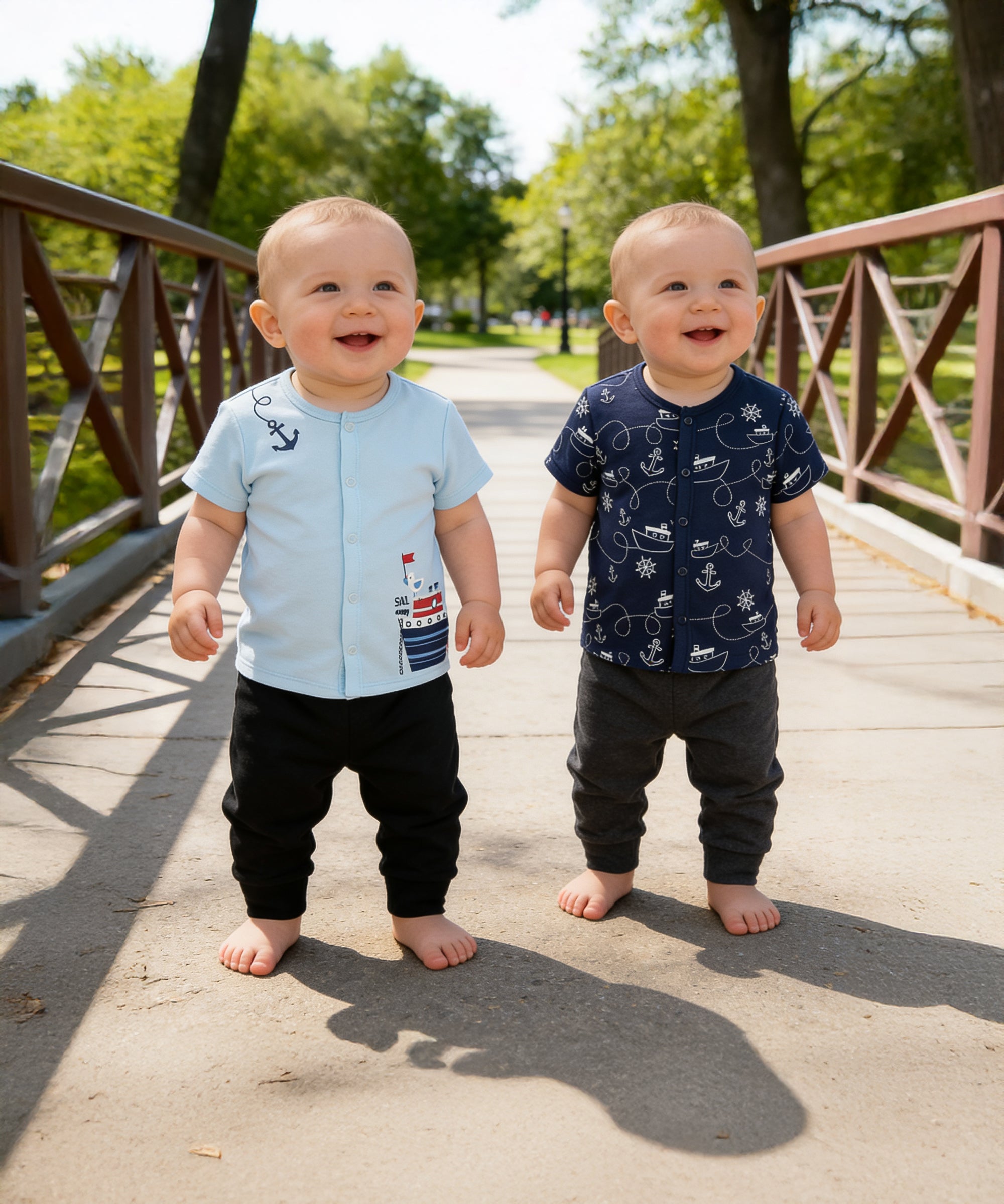 Baby Boys Nautical Print Front Open Vests Pack of 2,  Navy Blue and Light Blue