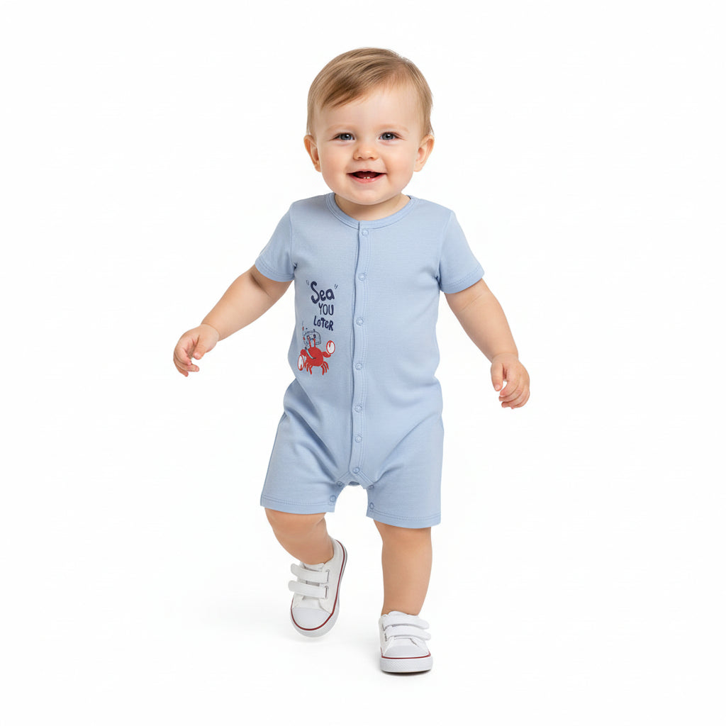 Baby Boys Crab Print Front Open T-Shirts Pack of 2, Light Blue and White