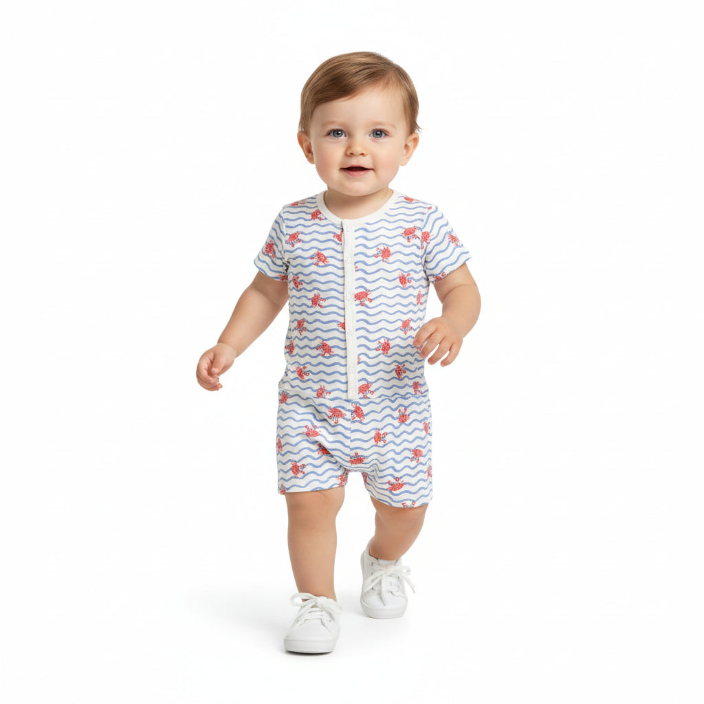 Baby Boys Crab Print Front Open T-Shirts Pack of 2, Light Blue and White
