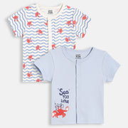 Baby Boys Crab Print Front Open T-Shirts Pack of 2, Light Blue and White