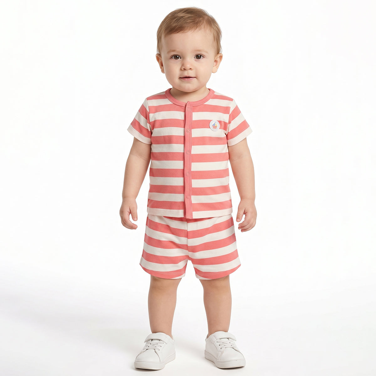 Baby Boys Nautical Print and Striped Front Open T-Shirts Pack of 2, Light Blue and Coral Pink