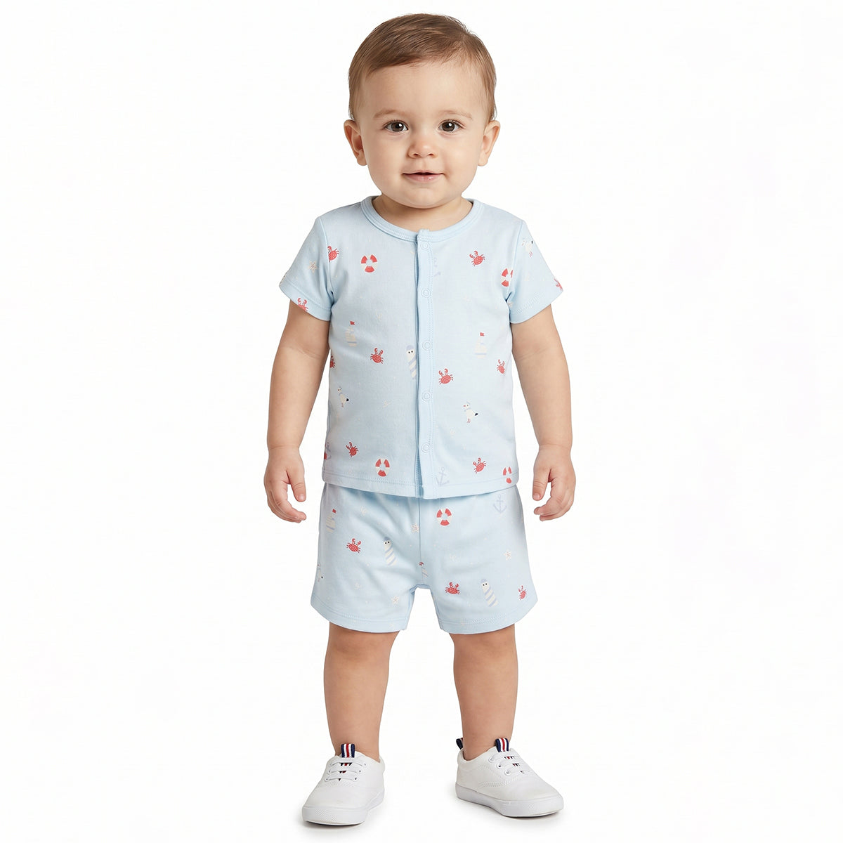 Baby Boys Nautical Print and Striped Front Open T-Shirts Pack of 2, Light Blue and Coral Pink
