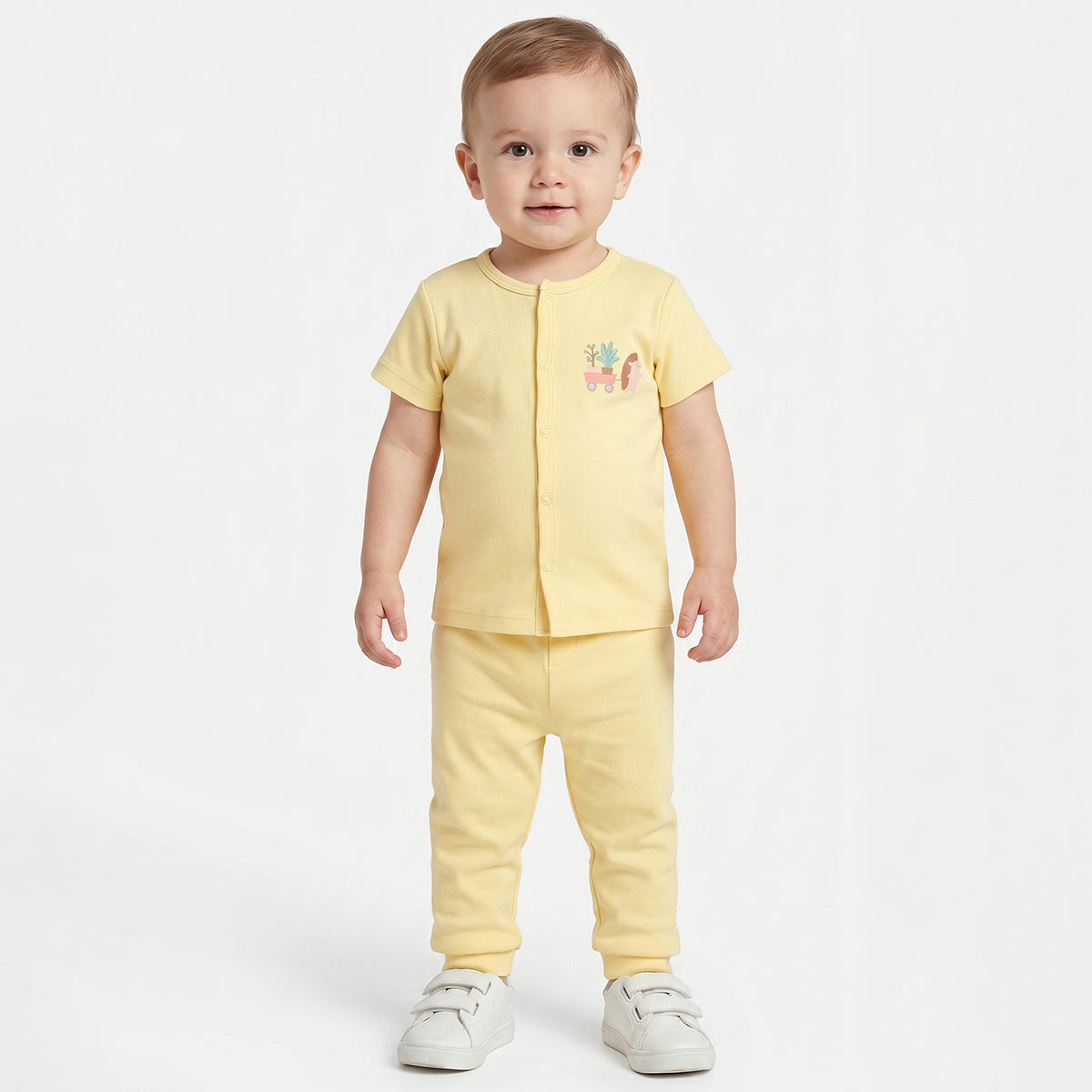 Baby Boys Printed and Solid Front Open Vests Pack of 2, Yellow and Sage Green
