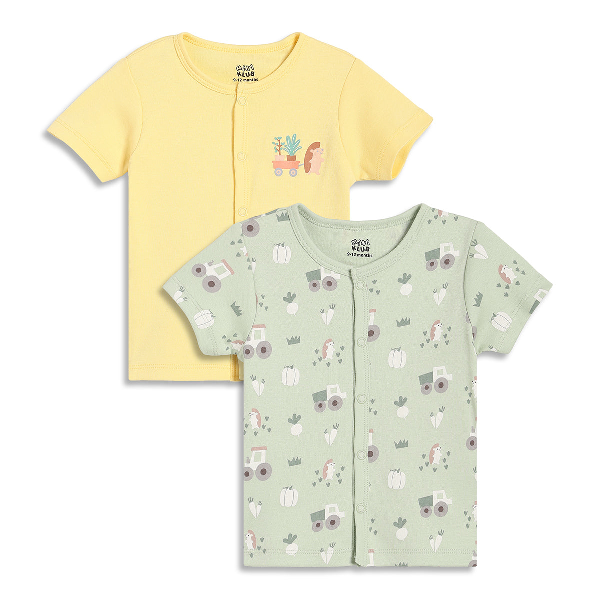 Baby Boys Printed and Solid Front Open Vests Pack of 2, Yellow and Sage Green