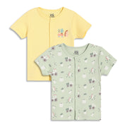 Baby Boys Printed and Solid Front Open Vests Pack of 2, Yellow and Sage Green