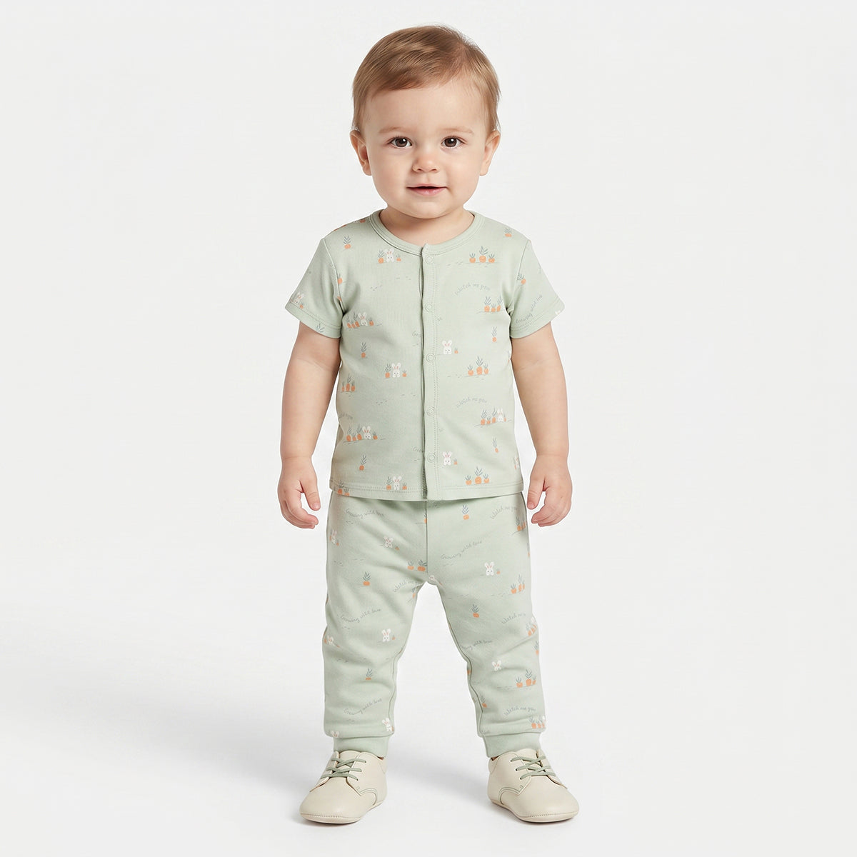 Baby Boys Bunny Print Front Open T-Shirts Pack of 2, Mint Green and Peach
