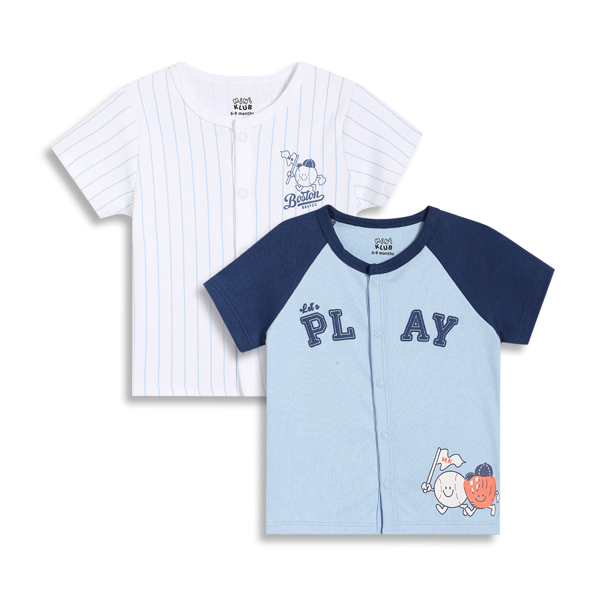 Baby Boys Striped and Printed Front Open Vests Pack of 2, White and Light Blue