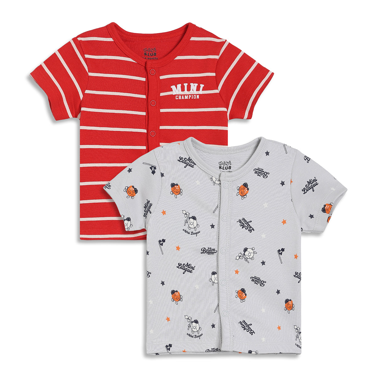 Baby Boys Striped and Mini League Print Front Open Vest of 2, Red and Grey