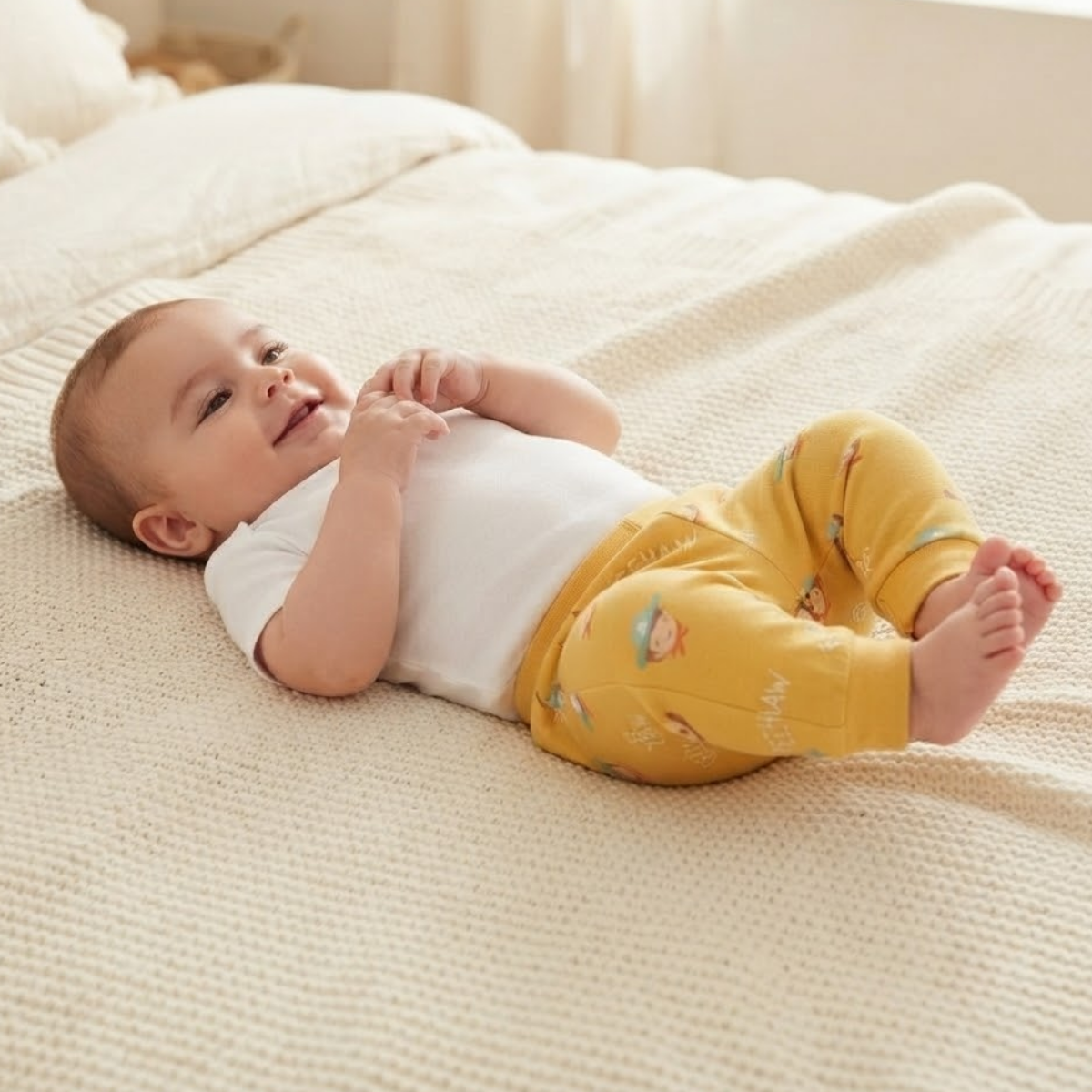 Baby Boys Mustard Yellow Cotton Cowboy Print Joggers Regular Fit Casual Wear