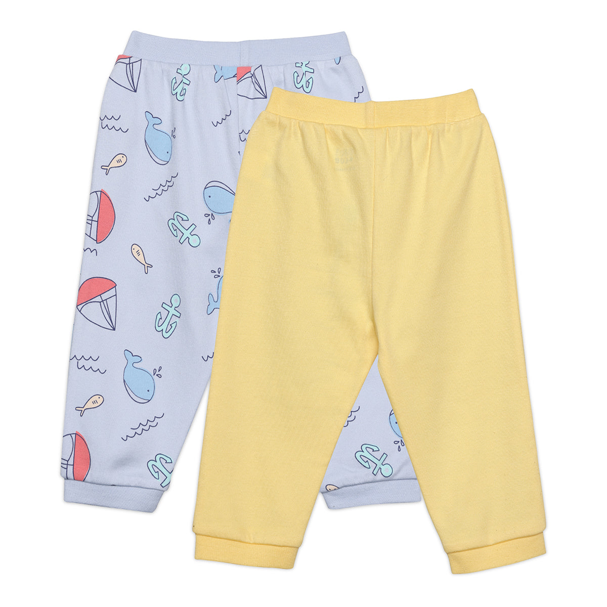 Baby Boys Solid and Ocean Theme Printed Knit Bottoms Pack of 2 , Blue and Yellow