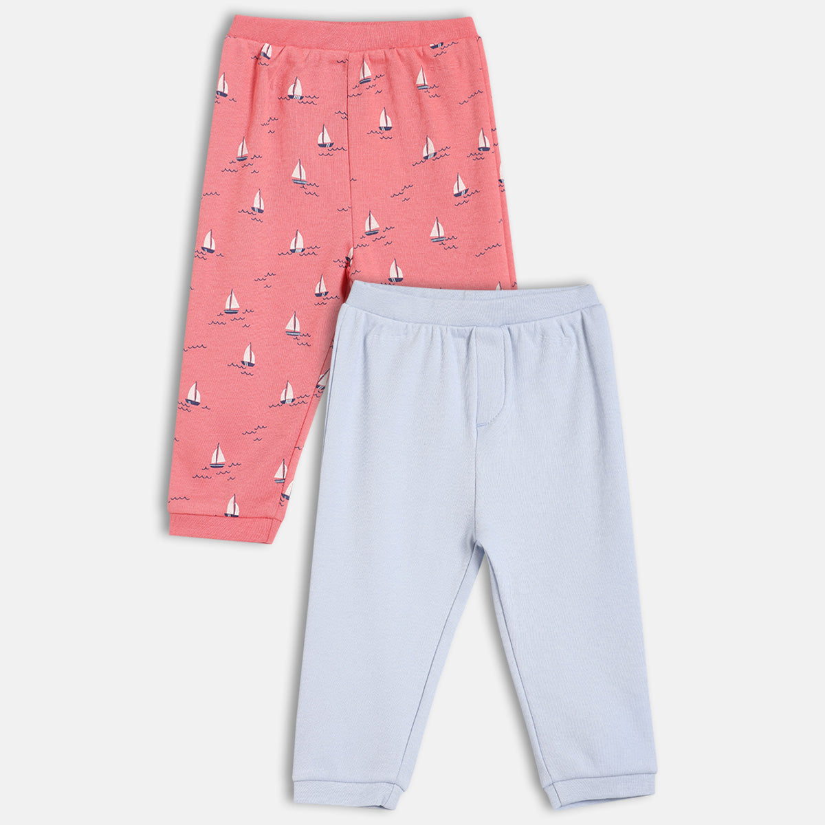 Baby Boys Sailboat Print And Solid Knit Bottoms Pack Of 2, Coral And Light Blue