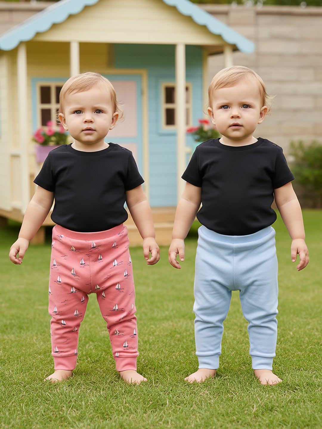 Baby Boys Sailboat Print And Solid Knit Bottoms Pack Of 2, Coral And Light Blue