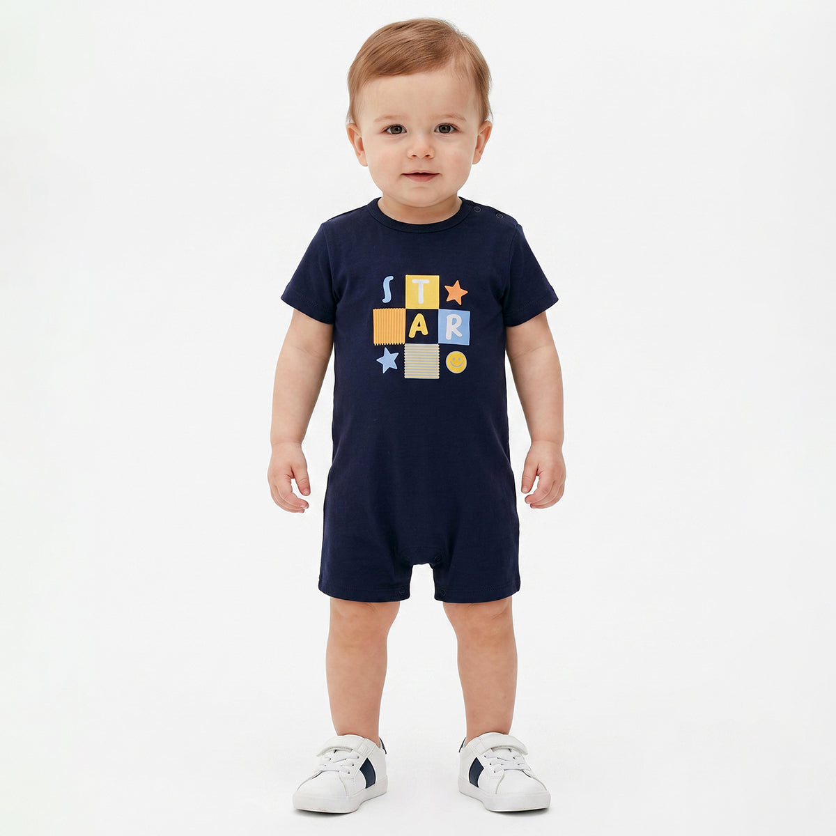 Baby Boys Navy Blue Cotton Printed Romper Regular Fit Casual Wear