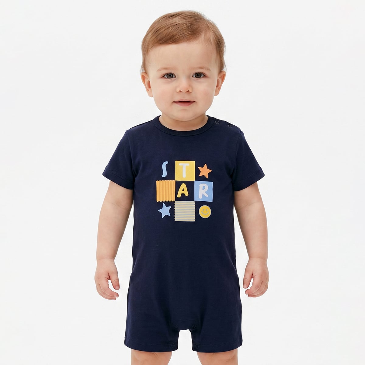 Baby Boys Navy Blue Cotton Printed Romper Regular Fit Casual Wear