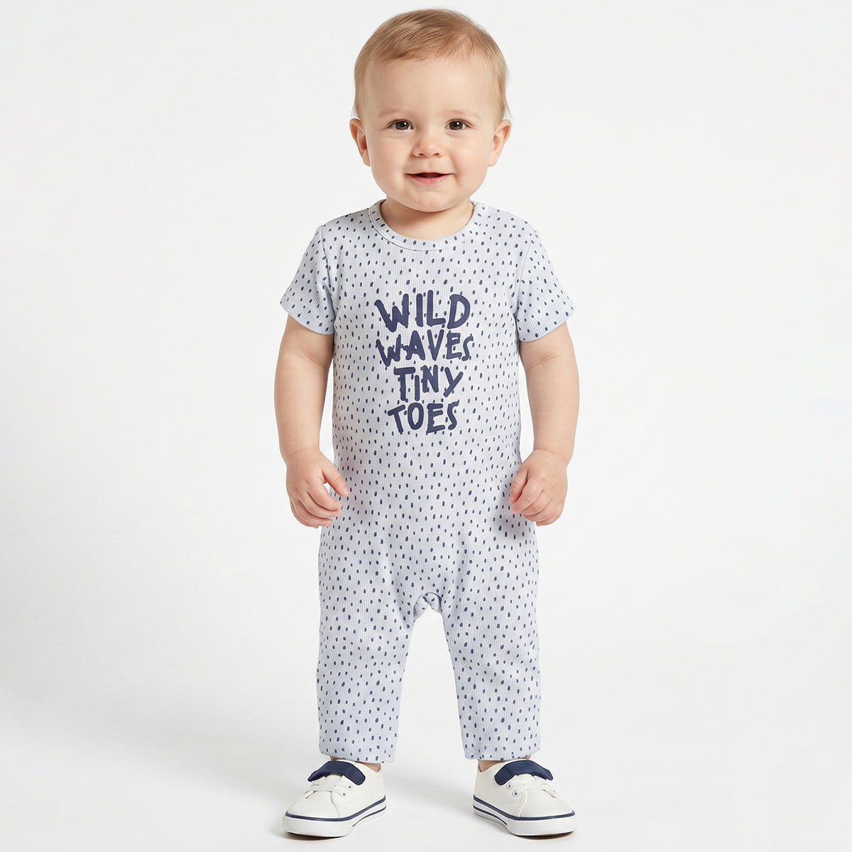 Baby Boys White & Blue Printed Cotton Romper Regular Fit Casual Baby Romper