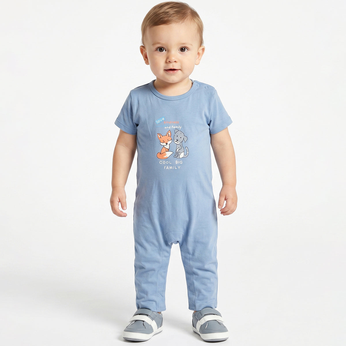 Baby Boys Blue Cotton Animal Print Short Sleeve Romper