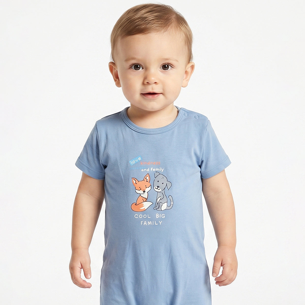 Baby Boys Blue Cotton Animal Print Short Sleeve Romper