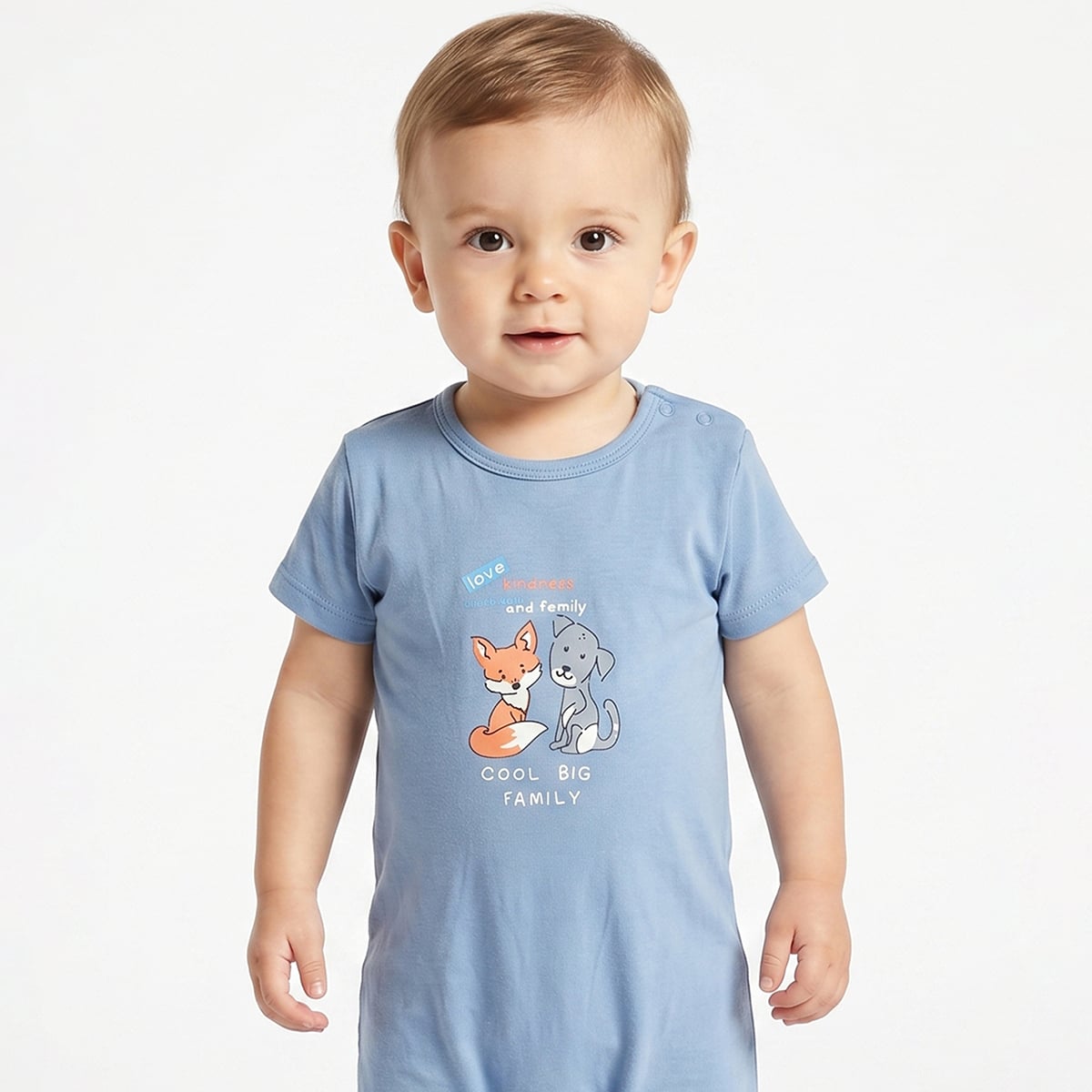 Baby Boys Blue Cotton Animal Print Short Sleeve Romper