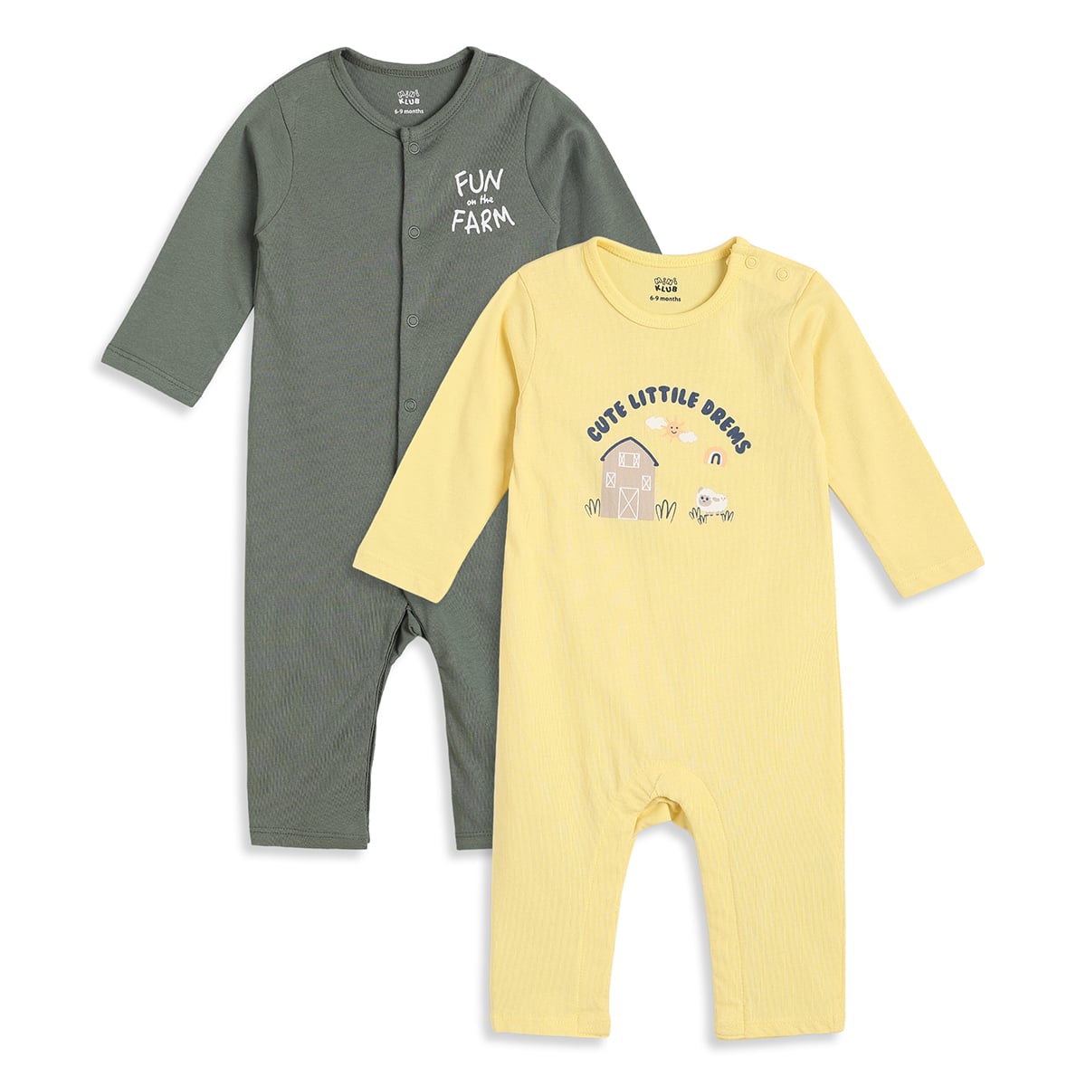 Baby Boys Olive Green And Yellow Cotton Farm Print Rompers Pack Of 2 Regular Fit Casual Wear