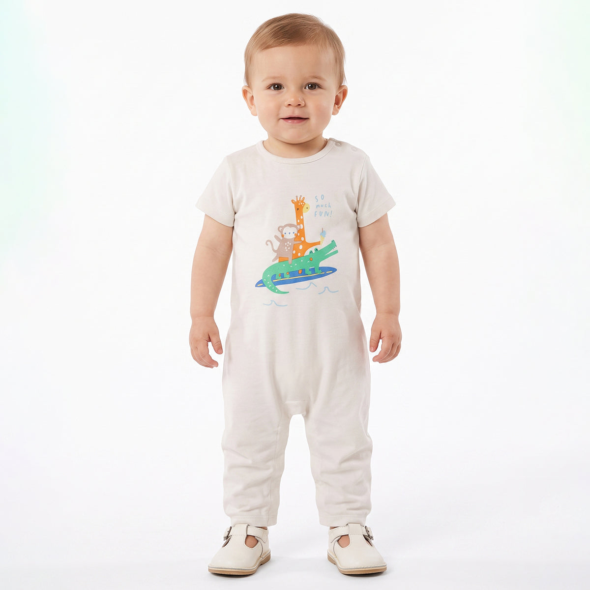 Baby Boys Off White Cotton Printed Romper Regular Fit Casual Wear