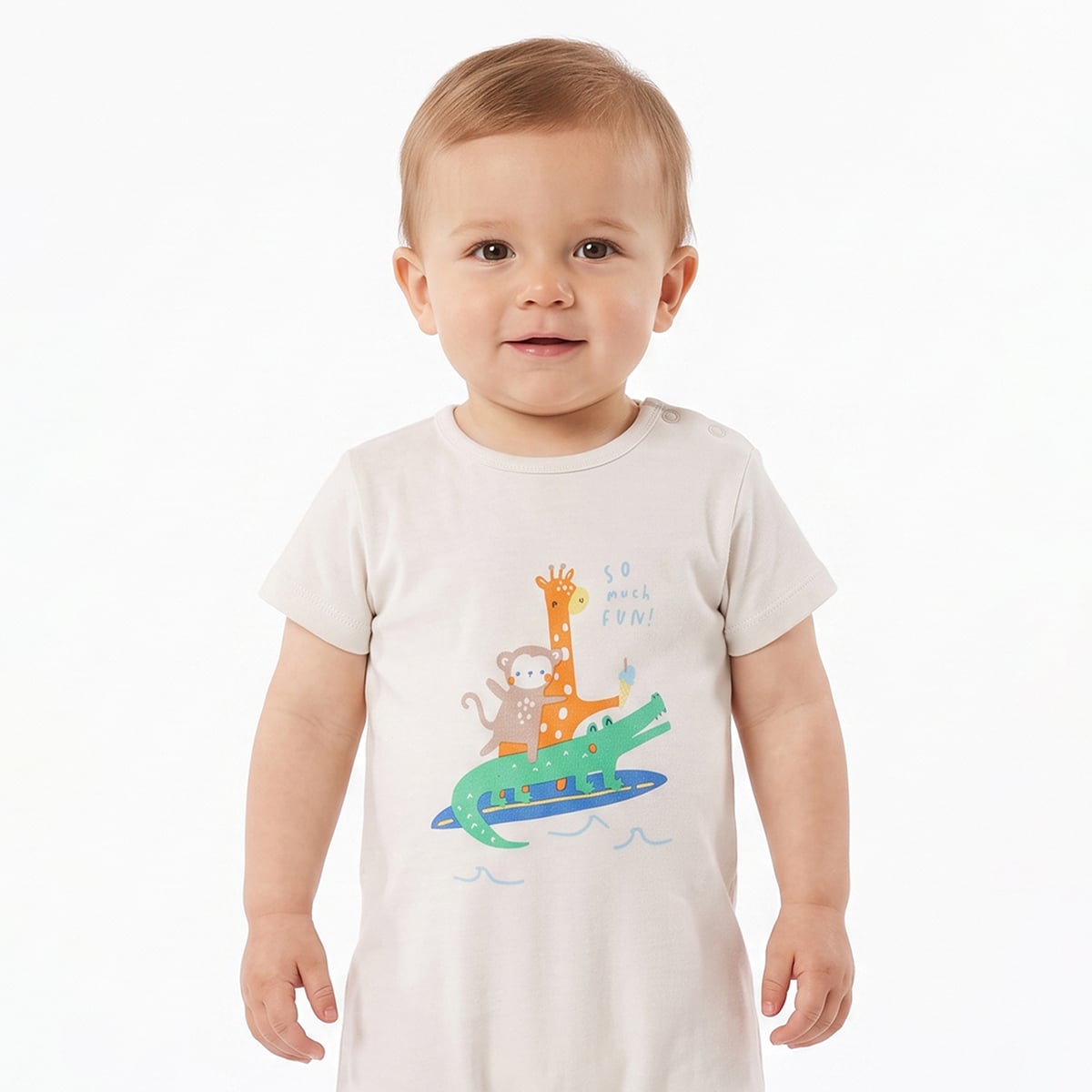 Baby Boys Off White Cotton Printed Romper Regular Fit Casual Wear