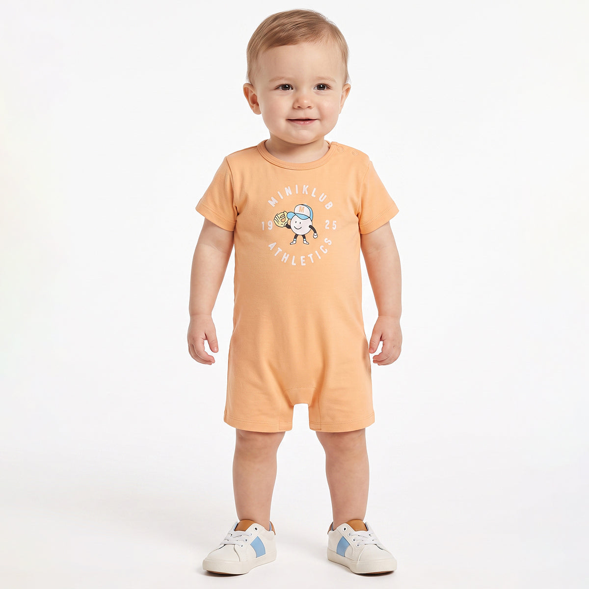 Baby Boys Peach Cotton Printed Romper Regular Fit Casual Wear