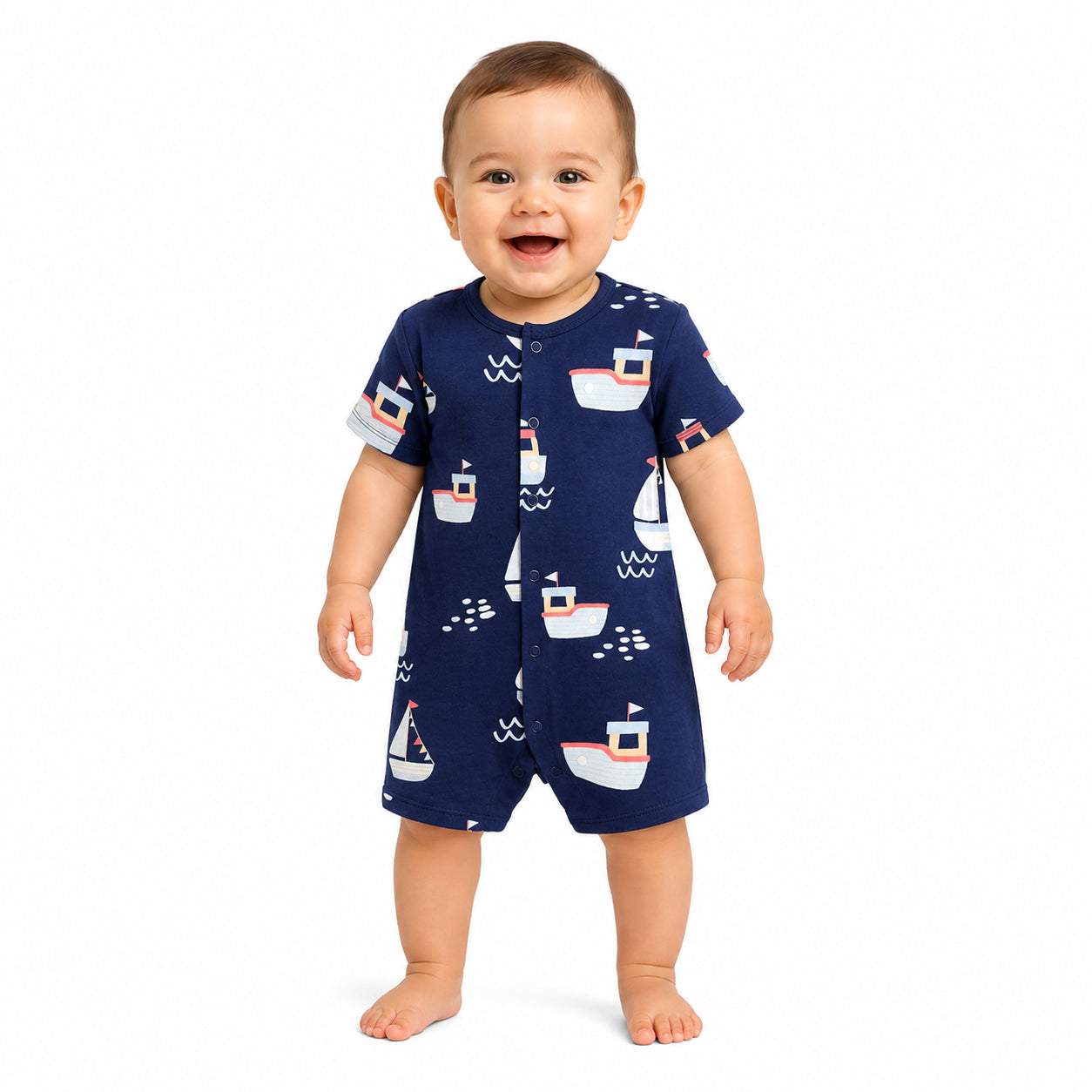 Baby Boys Sailboat Print Front Open Rompers Pack of 2, Navy Blue and Coral Pink