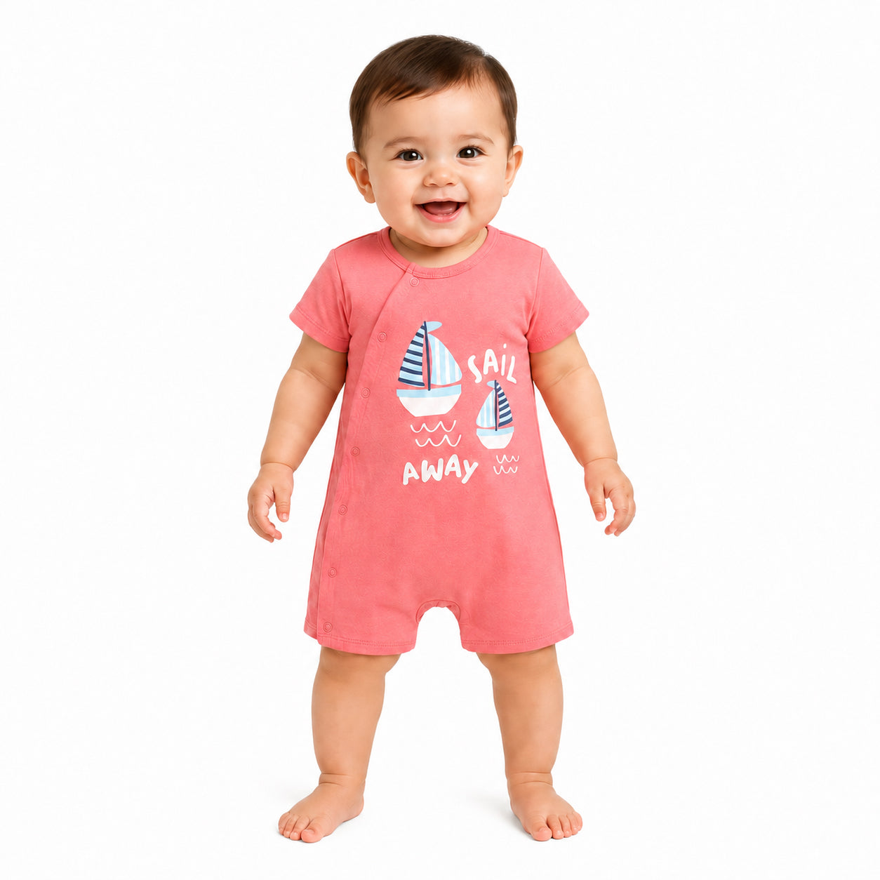 Baby Boys Sailboat Print Front Open Rompers Pack of 2, Navy Blue and Coral Pink