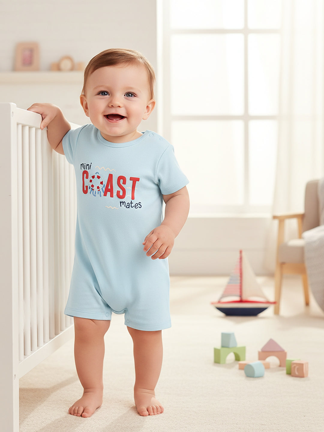 Baby Boys Graphic Printed Romper, Light Blue