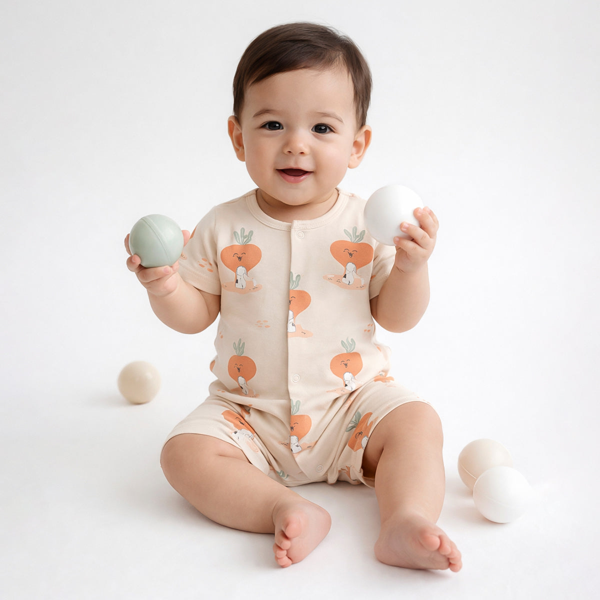 Baby Boys Printed Romper Pack of 2, Beige and Off White
