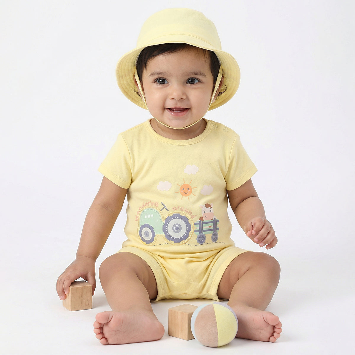 Baby Boys Printed Romper with Cap, Yellow