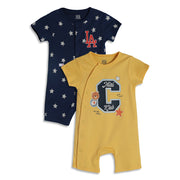 Baby Boys Printed Short Sleeve Rompers Pack of 2, Yellow and Navy Blue