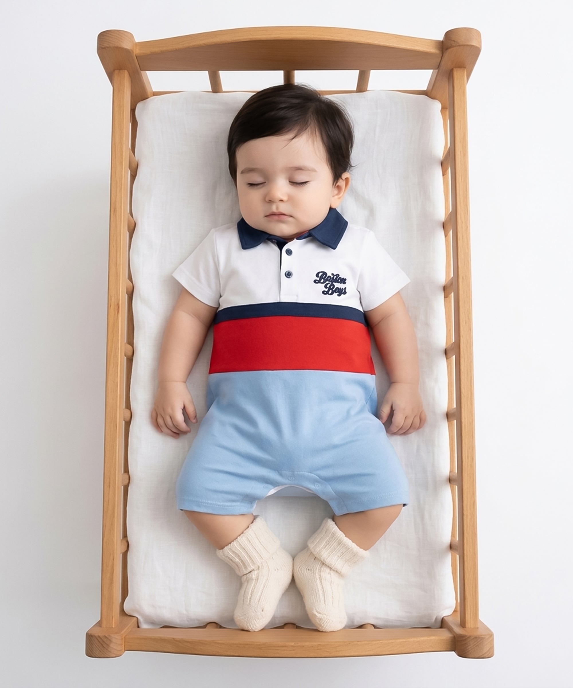 Baby Boys Boston Boys Colourblock Polo Romper, White, Red and Light Blue