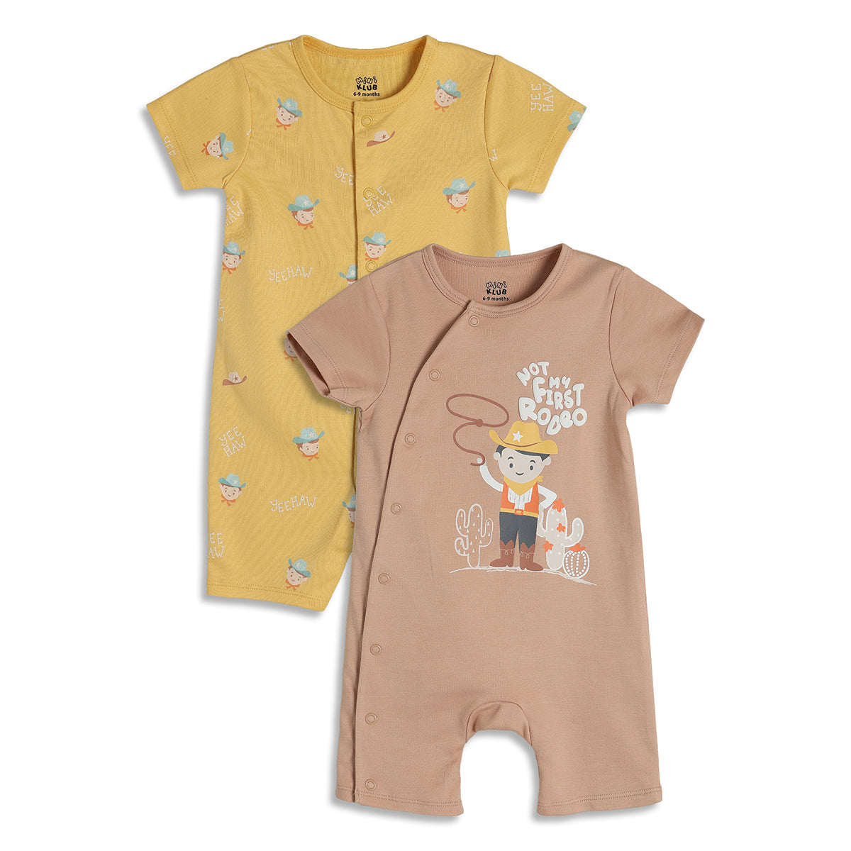 Baby Boys Cowboy Print Romper Pack of 2, Yellow and Brown