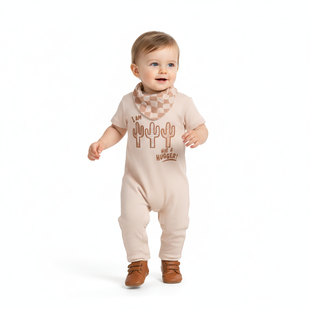 Baby Boys Cactus Print Romper with Bib, Beige