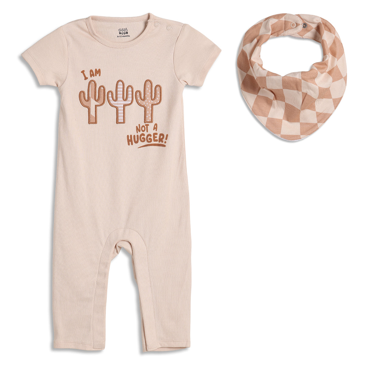 Baby Boys Cactus Print Romper with Bib, Beige