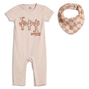 Baby Boys Cactus Print Romper with Bib, Beige