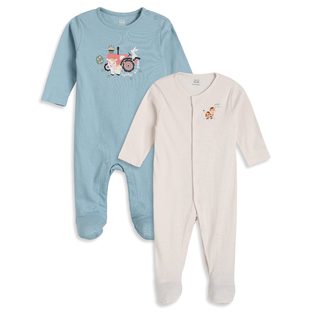 Baby Boys Blue And Cream Cotton Farm Print Footed Sleepsuits Pack Of 2 Regular Fit Casual Wear