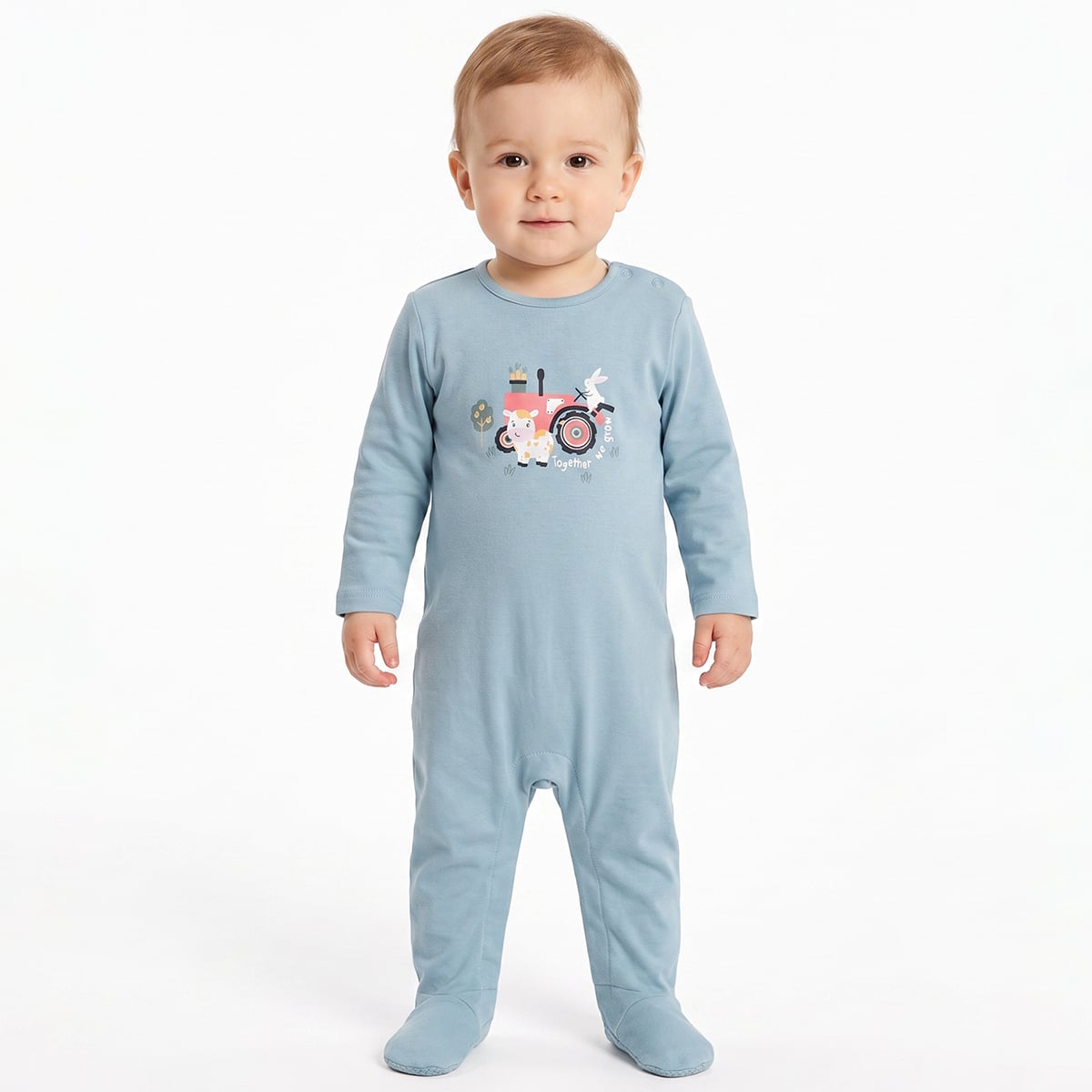 Baby Boys Blue And Cream Cotton Farm Print Footed Sleepsuits Pack Of 2 Regular Fit Casual Wear