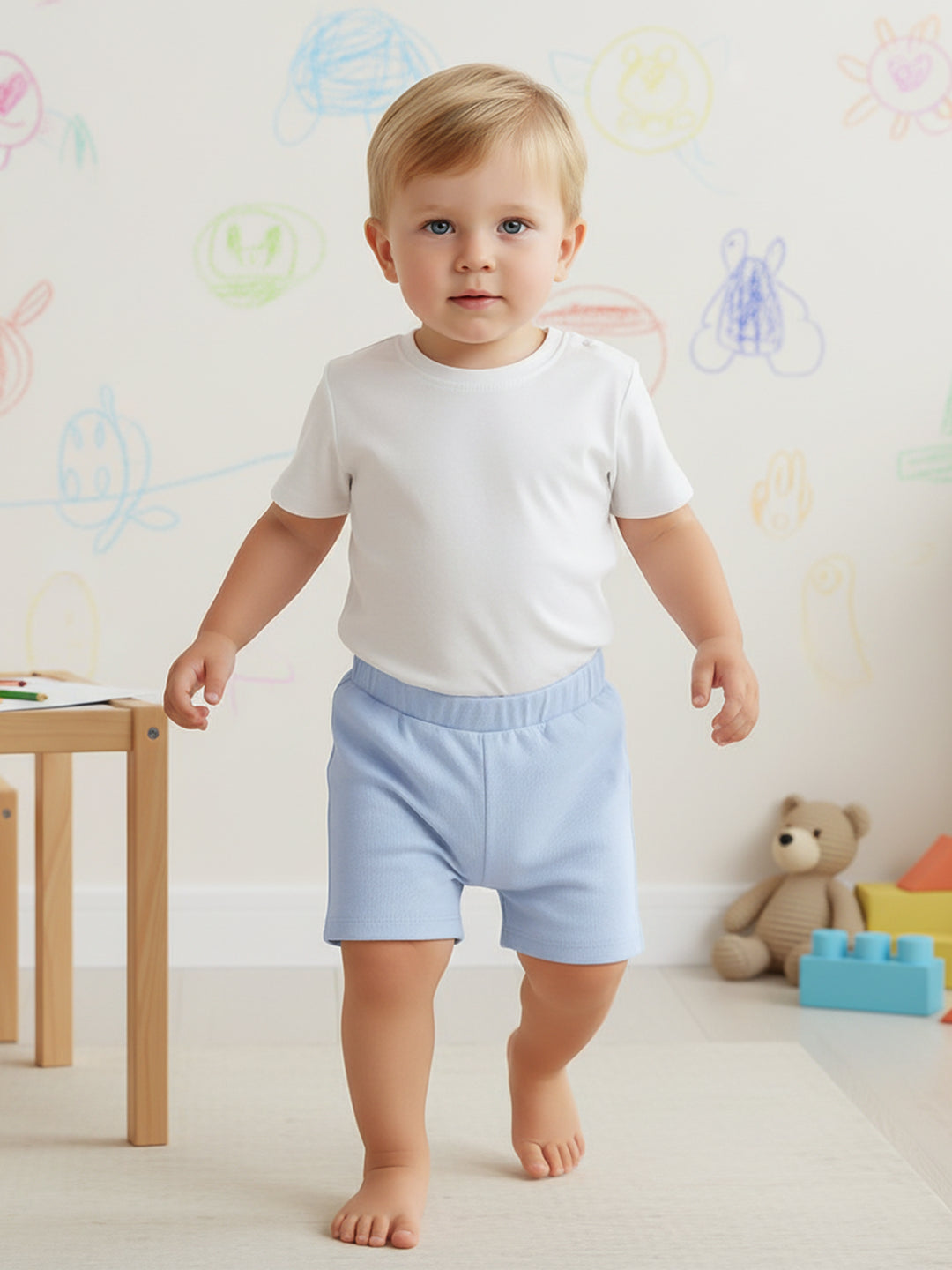 Baby Boys Printed And Solid Knit Shorts Pack Of 2, White And Light Blue